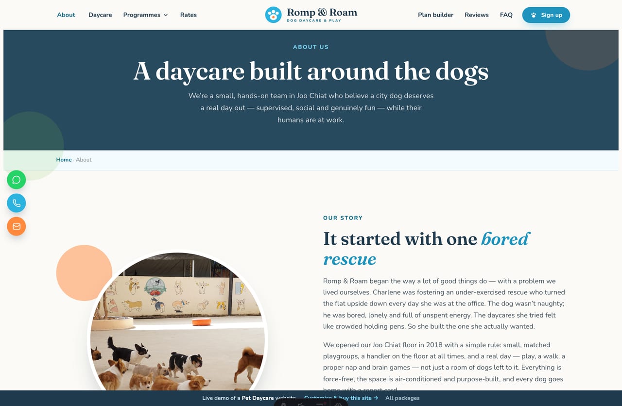 The About page for a Singapore dog daycare — founder story, a stats band and the handler team with photos