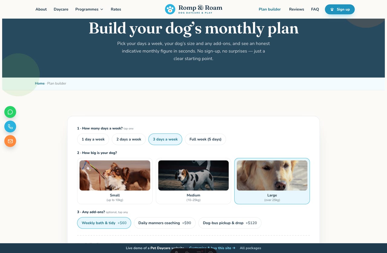 Daycare Plan Builder result on a Singapore dog-daycare site — a recommended monthly package with an indicative monthly price and an enrol CTA