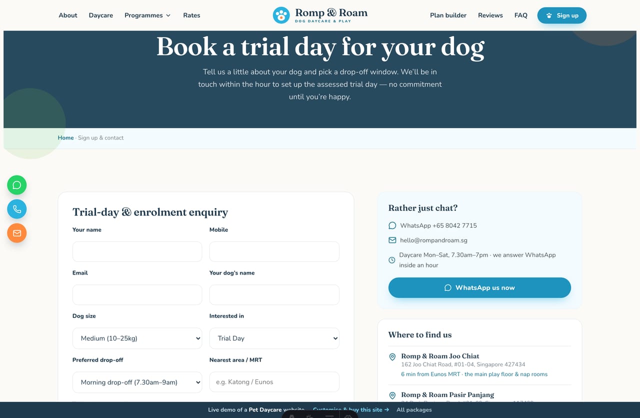 Sign-up page on the Romp & Roam demo — a PDPA-aware trial-day booking form with dog details and a drop-off window