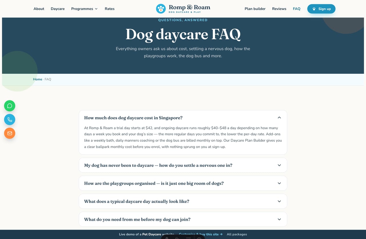 FAQ page on the Romp & Roam demo — an Alpine accordion of daycare questions about cost, settling in and the dog bus