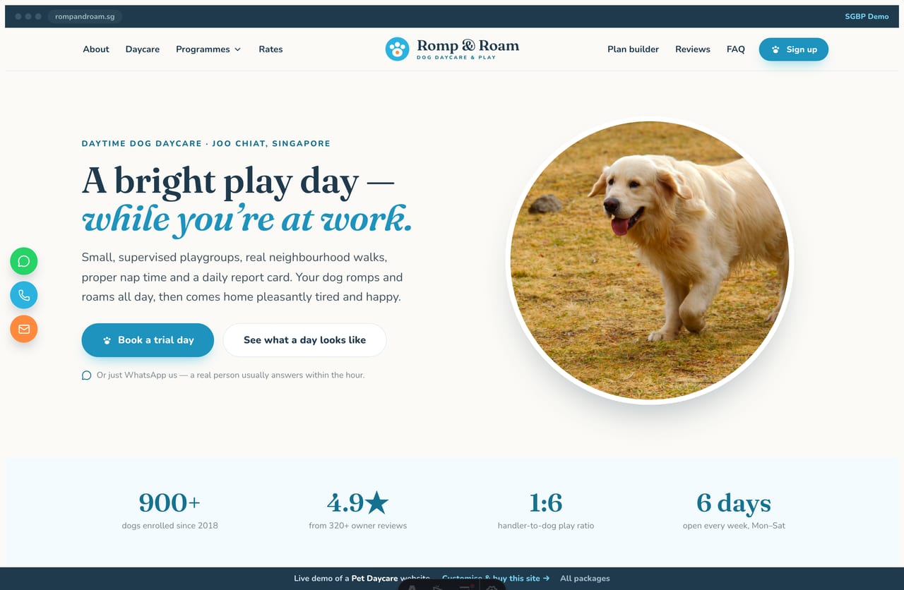 Romp & Roam dog daycare Singapore website homepage demo — a bright sky-blue, orange and lime site with a split hero, a happy-dog photo disc and a daycare plan builder
