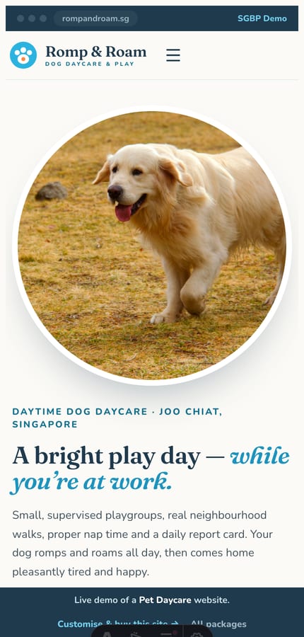 The Romp & Roam dog-daycare website on mobile — the split hero and book-a-trial CTA at 430px