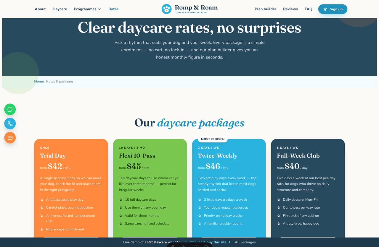 Rates page on the Romp & Roam demo — four colourful daycare package cards by frequency plus size-based pricing and monthly add-ons