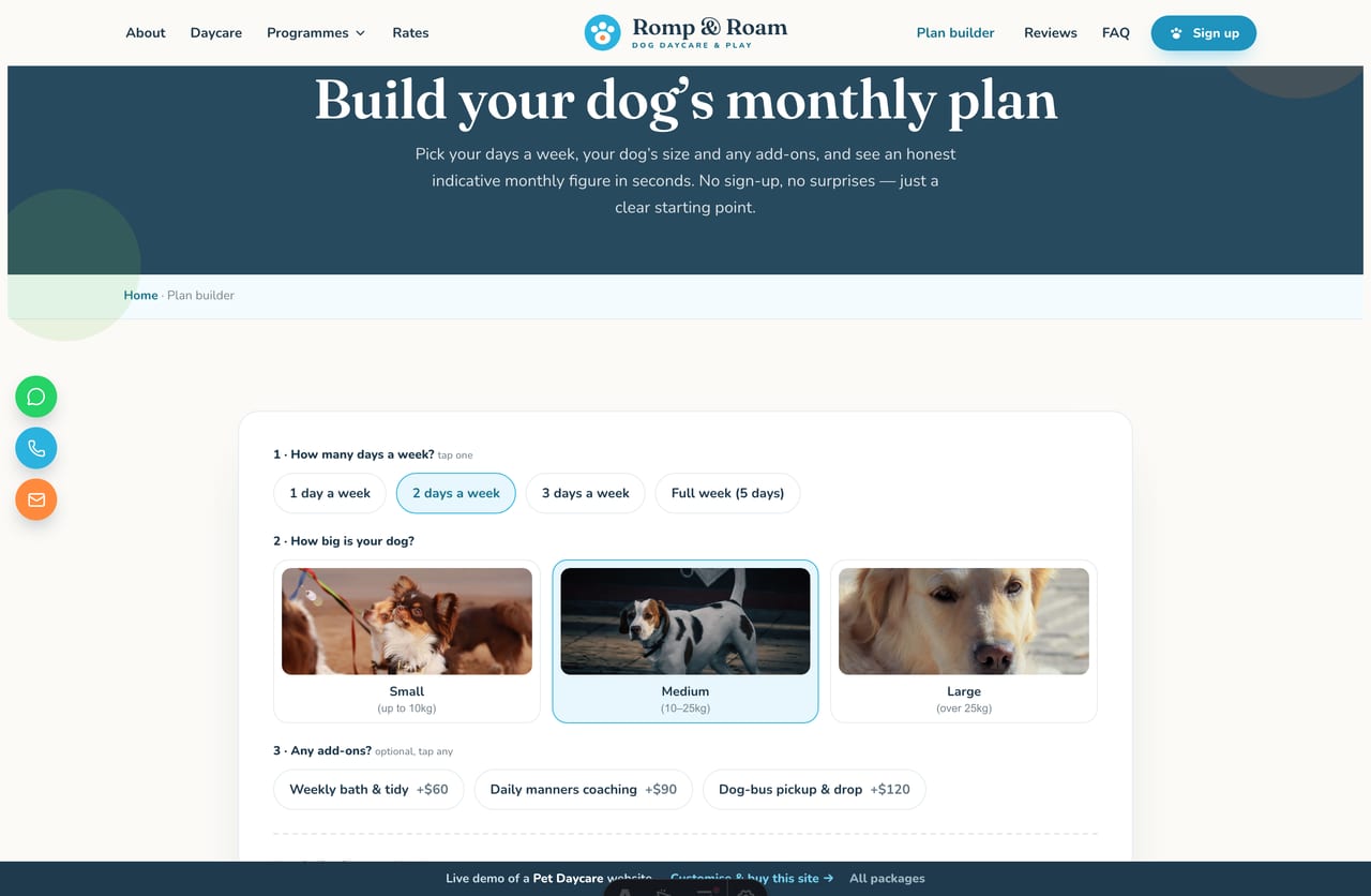 The interactive Daycare Plan Builder on the Romp & Roam demo — pick days per week, dog size and add-ons to see a recommended monthly daycare plan and price