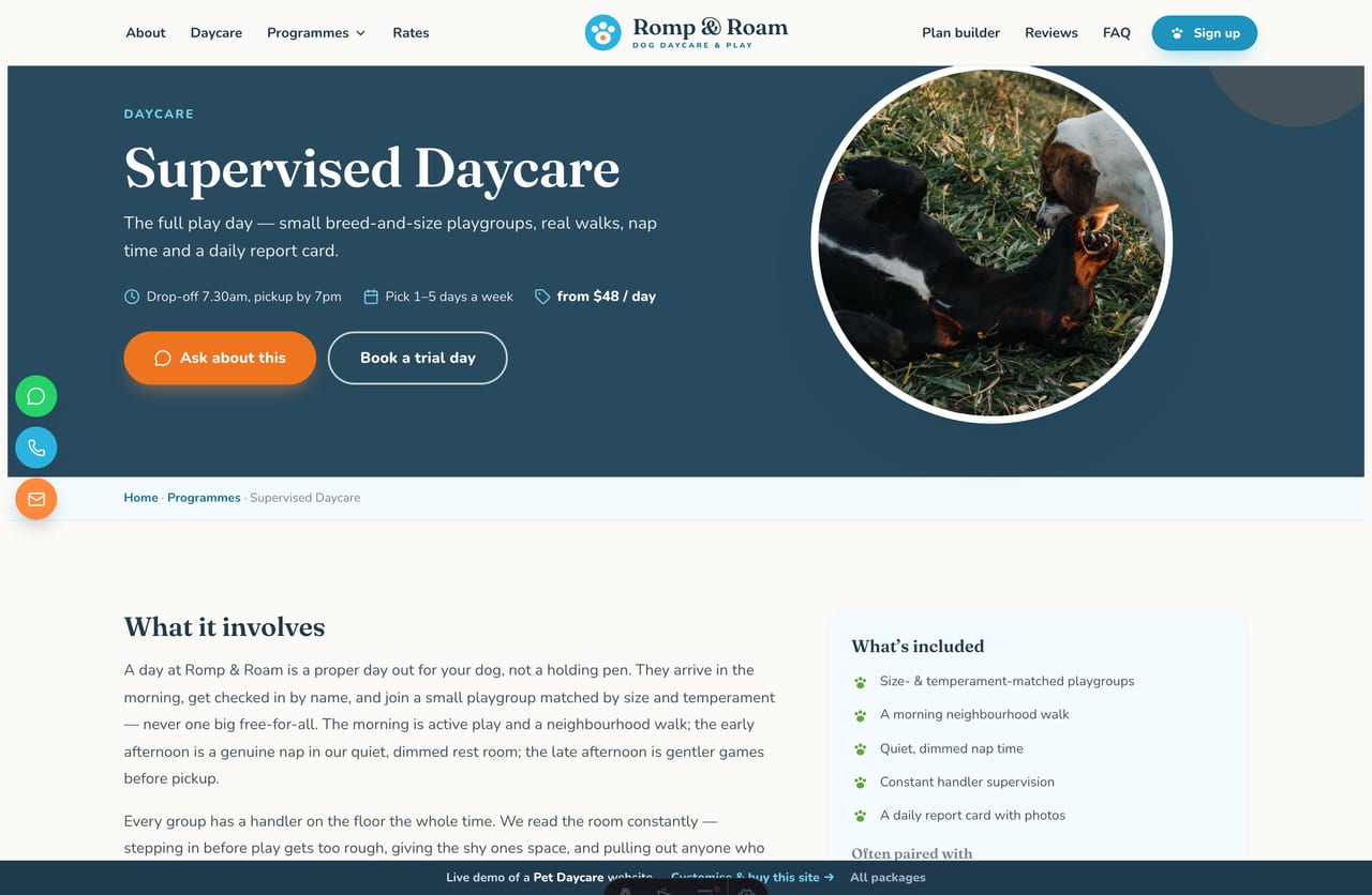 A programme detail page on the Romp & Roam demo — a dark-slate banner with a round dog photo and a typical-day schedule