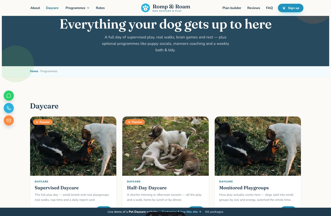 Programmes page on the Romp & Roam demo — supervised daycare, walks, enrichment, puppy socials and manners coaching as photo cards
