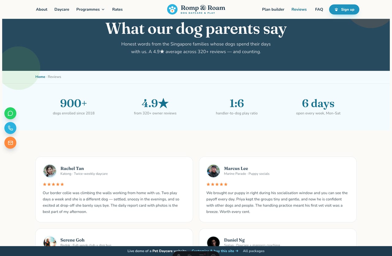 Reviews page on the Romp & Roam demo — dog-parent reviews with photos and a 4.9-star rating band