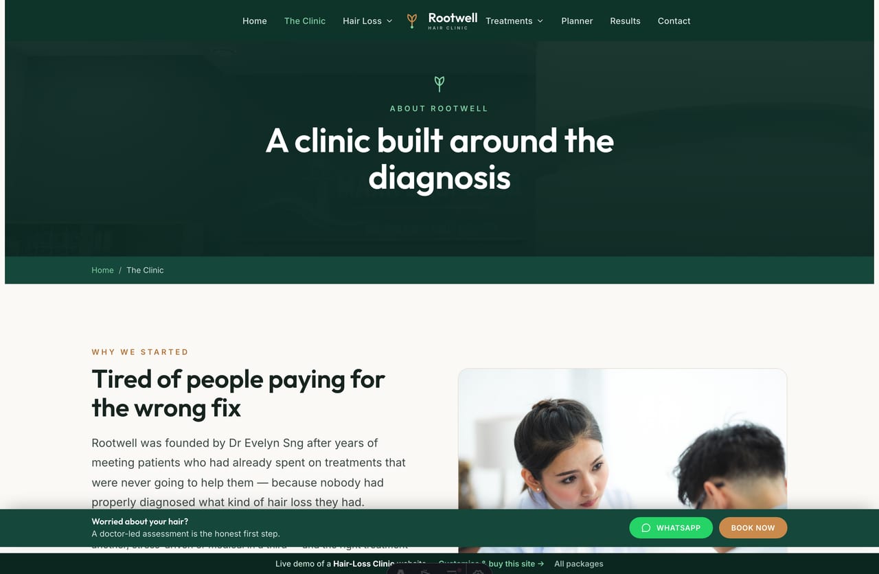 The About page for a Singapore hair-loss clinic — founder story, principles, a stats band and clinicians