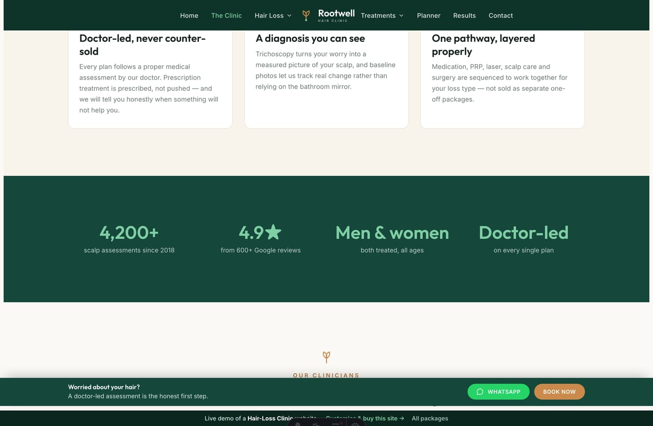 The team page on the Rootwell demo — clinician profiles with photos, roles and credentials