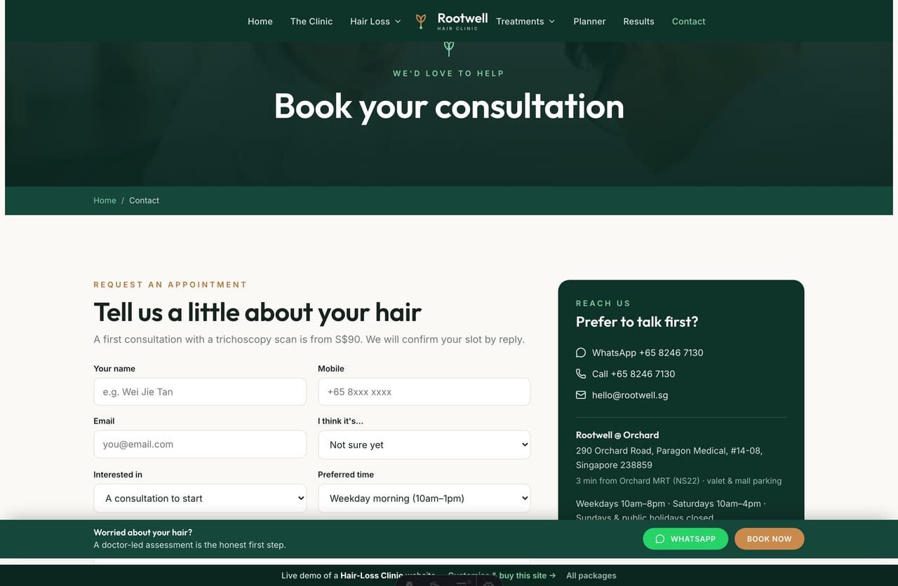 Book-a-consultation page on the Rootwell demo — a PDPA-aware booking form with hair-loss type, treatment and preferred time