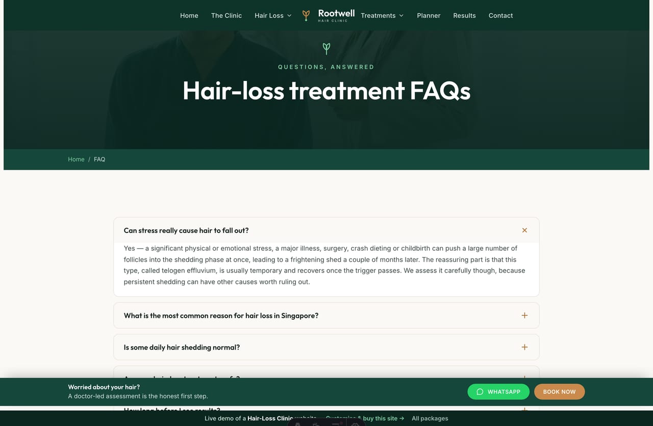 FAQ page on the Rootwell demo — a single-column accordion of hair-loss treatment questions