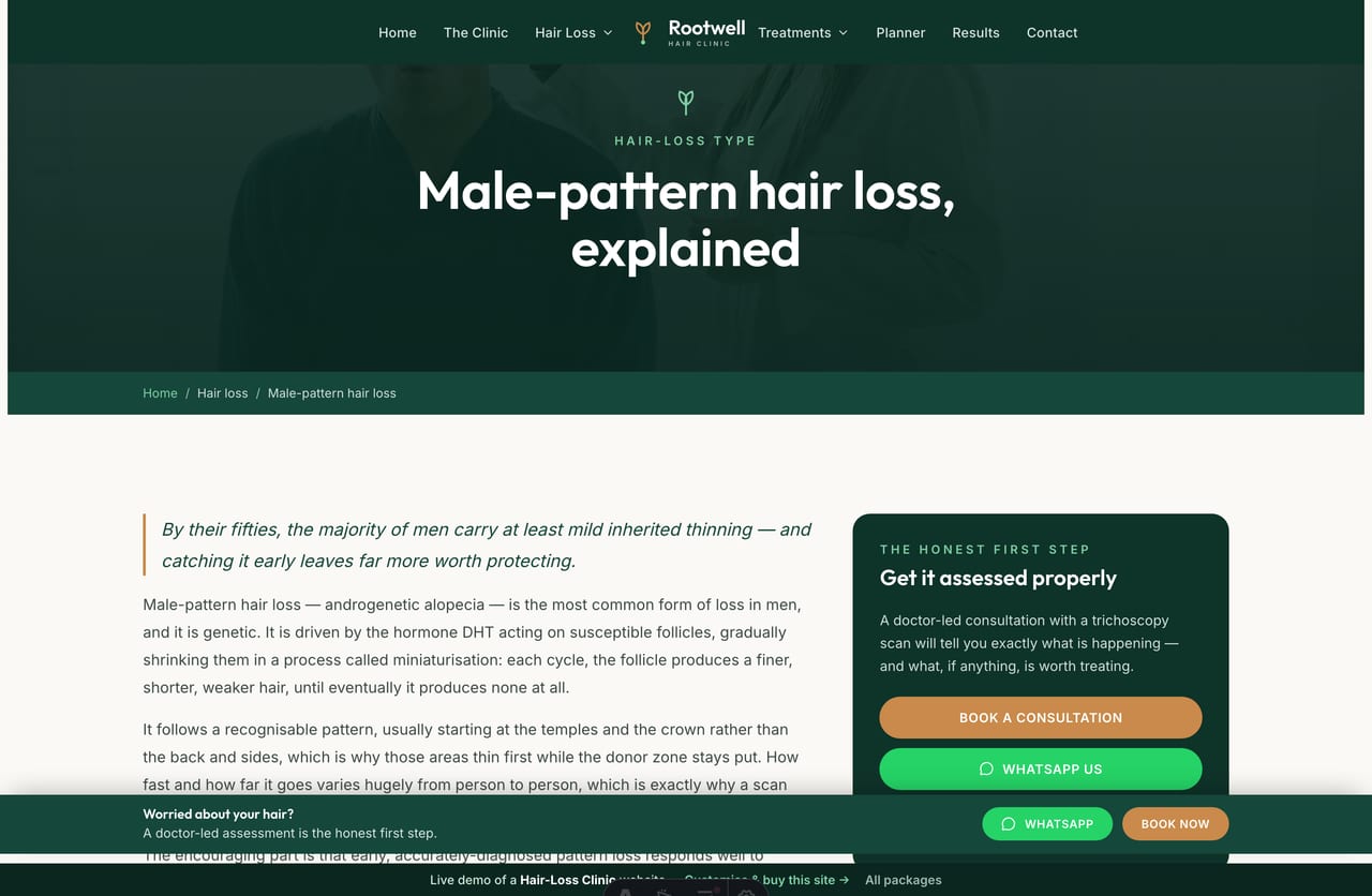 A hair-loss-type page on the Rootwell demo explaining male-pattern hair loss, with signs, causes and suggested treatment pathways