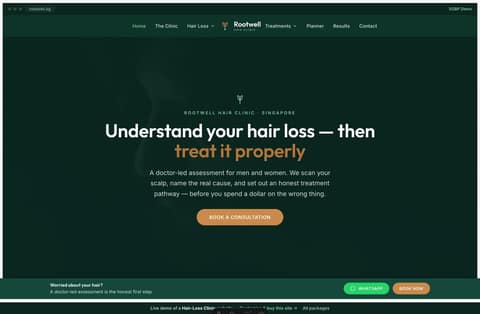 Rootwell hair-loss clinic Singapore website homepage demo — a deep emerald site with a dark theatre hero, pathway cards and a hair restoration planner