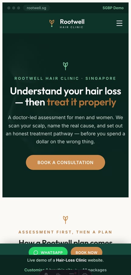 The Rootwell hair-clinic website on mobile — the dark theatre hero and book CTA at 430px