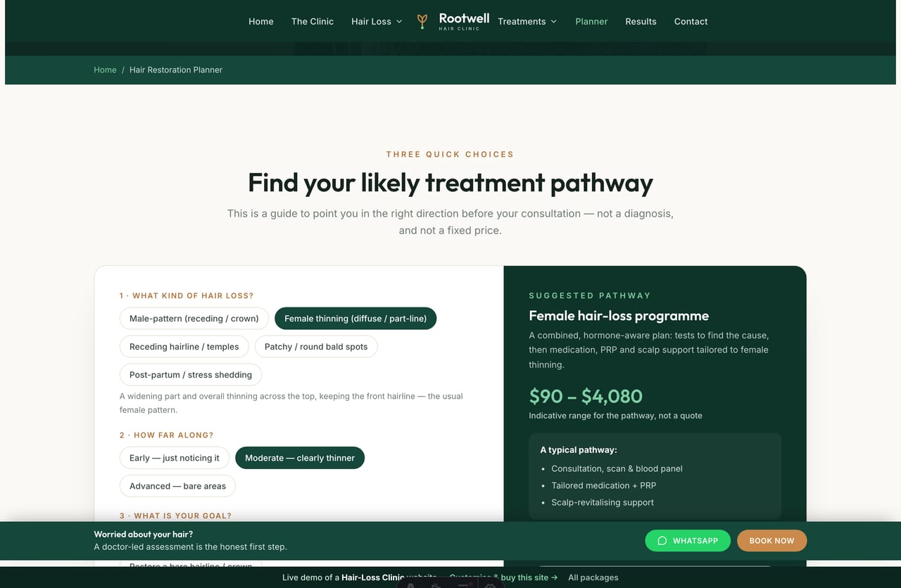 Hair Restoration Planner result on a Singapore hair-clinic site — a recommended treatment pathway with an indicative price range and a book CTA