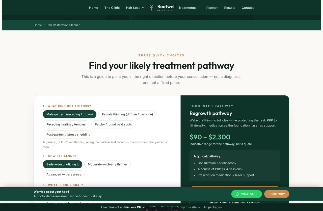 The interactive Hair Restoration Planner on the Rootwell demo — pick a hair-loss type, stage and goal to see a recommended treatment pathway