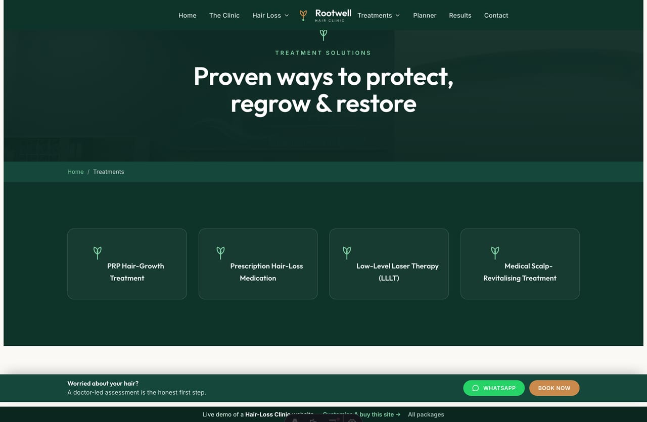 Treatments page on the Rootwell demo — PRP, prescription medication, laser therapy, scalp treatment and hair transplant as cards