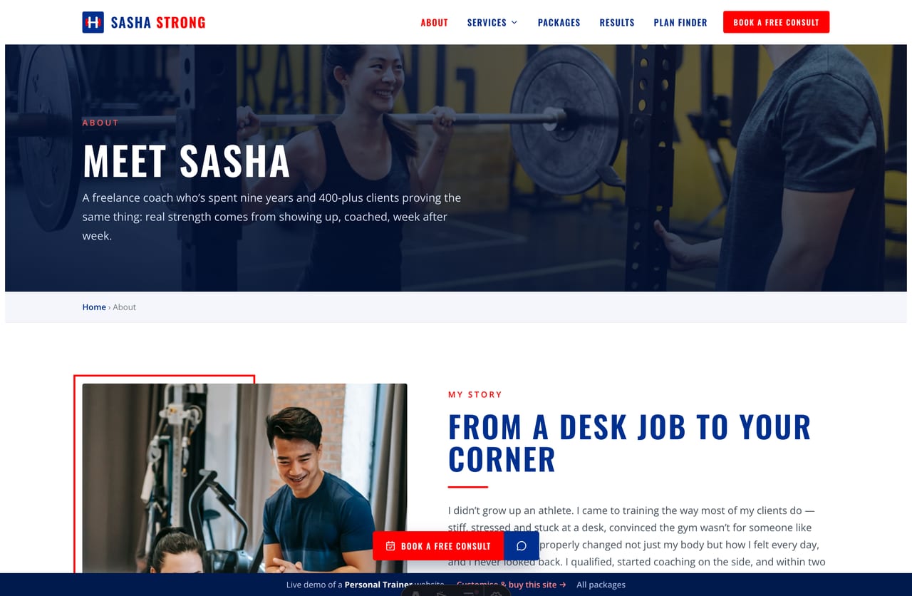 The About page for a Singapore freelance personal trainer — founder story, credentials and how the coaching works