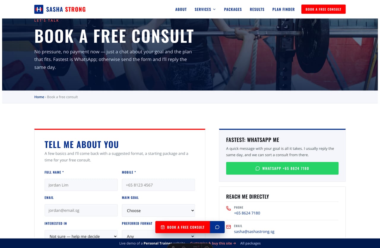 Book-a-consult page on the Sasha Strong demo — a PDPA-aware free-consult form with goal, format and area selection, no cart