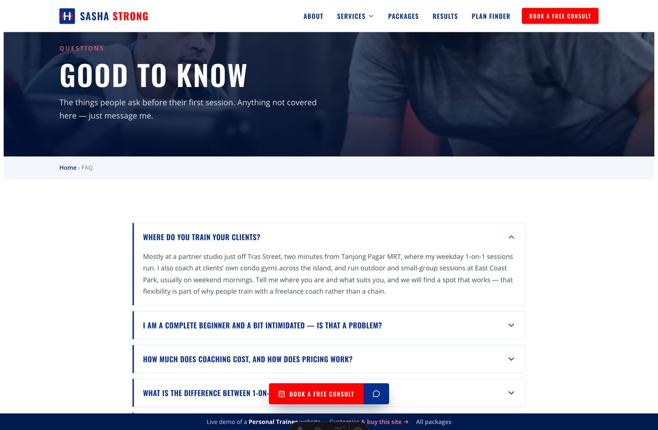 FAQ page on the Sasha Strong demo — an accordion of common questions about locations, pricing, beginners, online vs in-person and IPPT prep