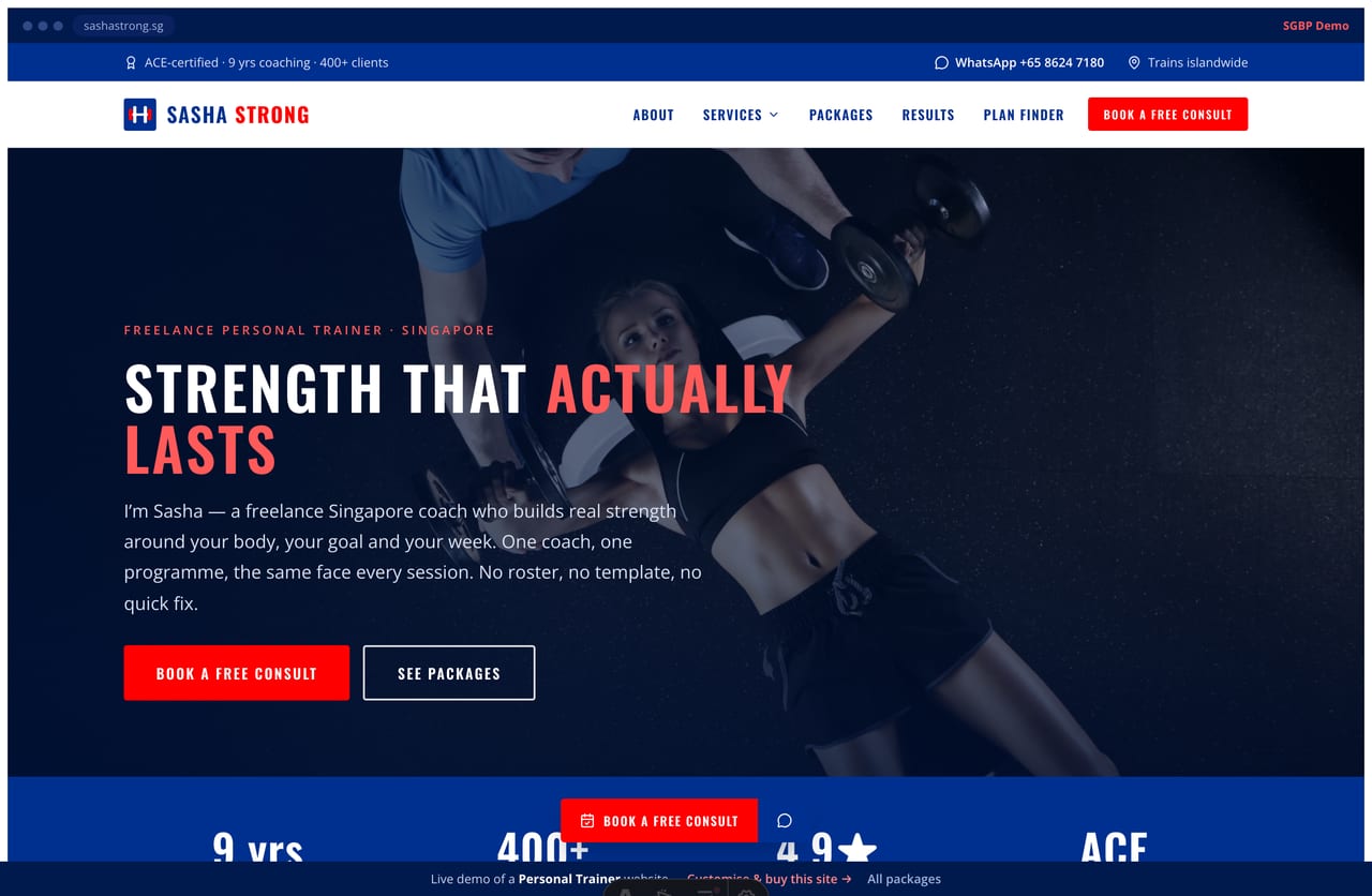 Personal-trainer website homepage demo for a Singapore freelance coach — a full-bleed photo hero, navy/red athletic layout, problem/solution panels and packages