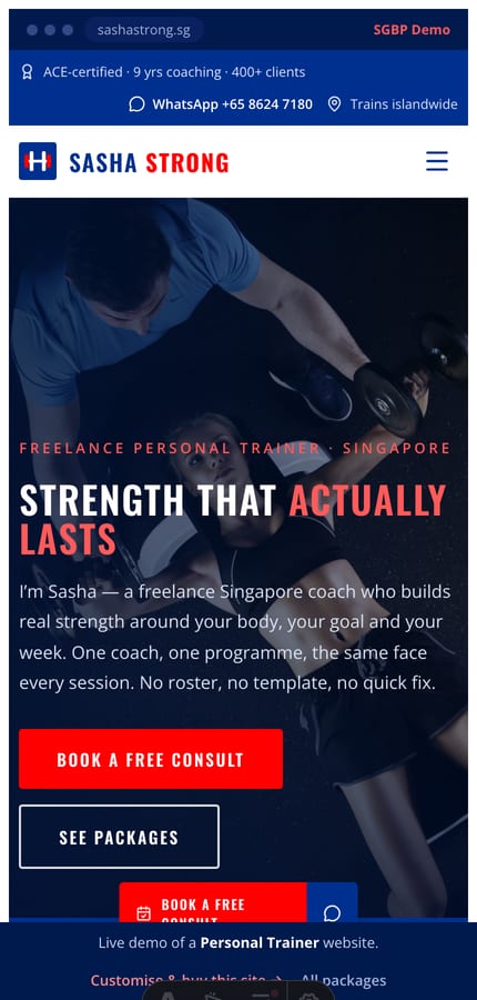 The Sasha Strong personal-trainer website on mobile — full-bleed hero and a sticky book-a-consult bar at 430px