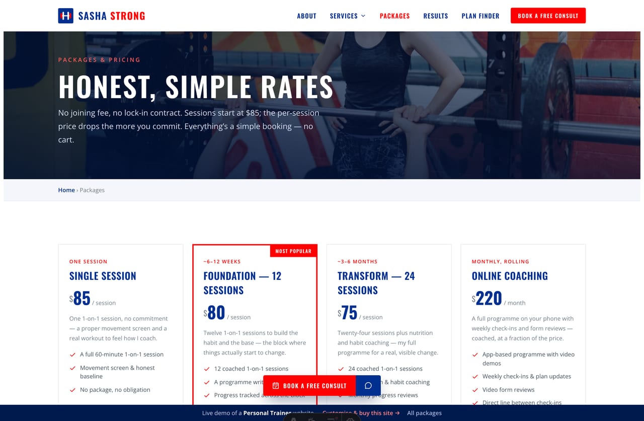 Coaching packages page on the Sasha Strong demo — single session, 12-session Foundation, 24-session Transform and monthly online coaching as reservation cards, no cart