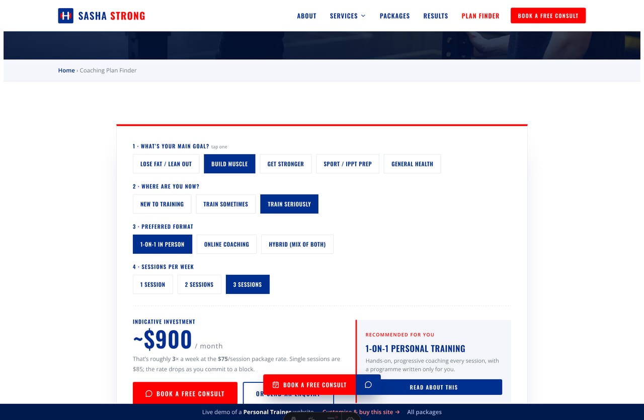 Coaching Plan Finder result on a Singapore personal-trainer site — a recommended package, an indicative monthly price and a book-a-consult CTA