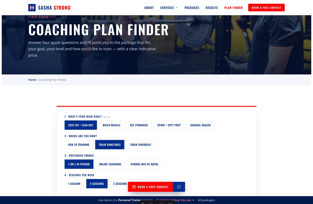 The interactive Coaching Plan Finder on the Sasha Strong demo — pick a goal, level, format and sessions per week for a recommended package and price