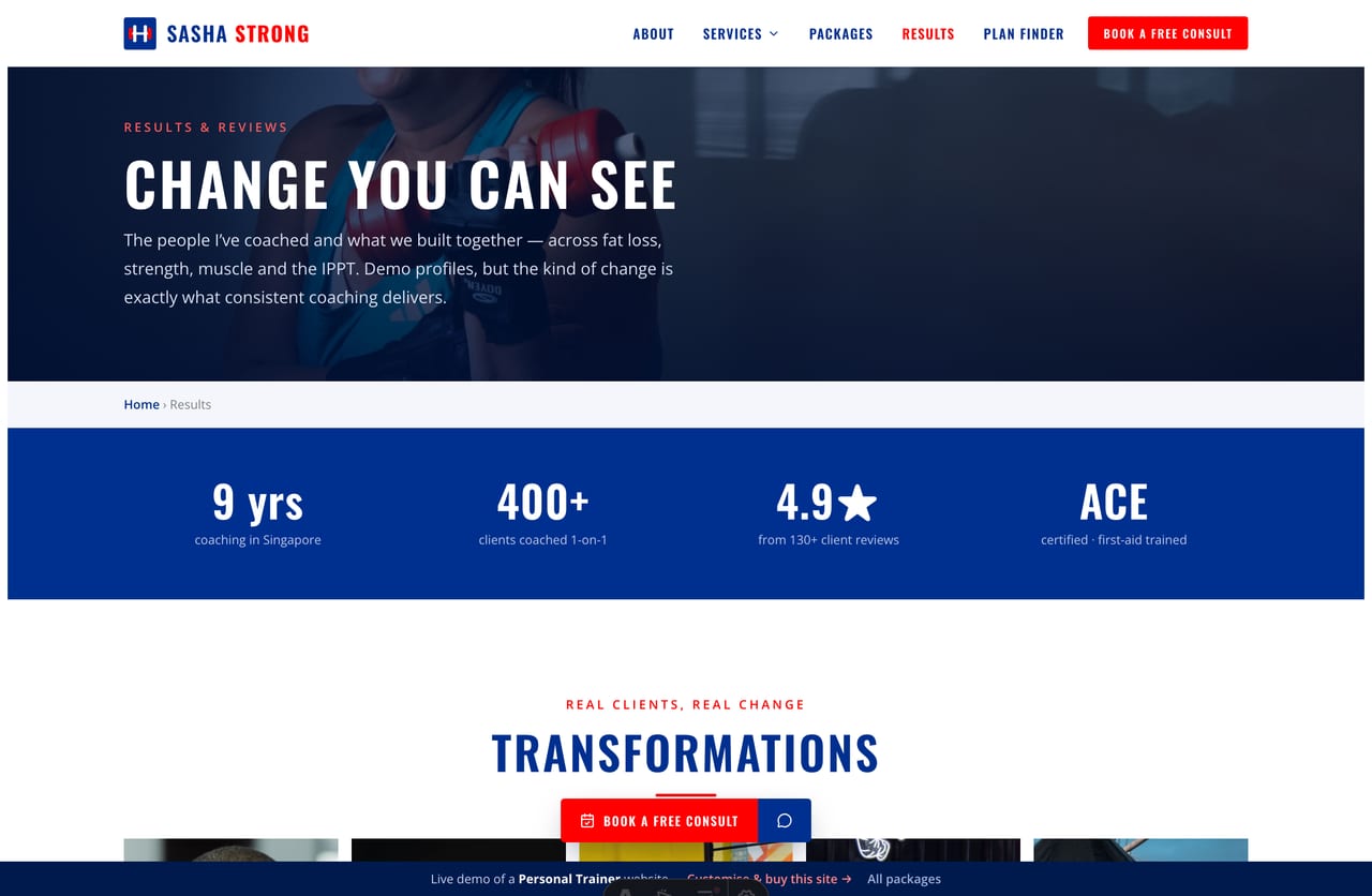 Results & transformations page on the Sasha Strong demo — a client transformation gallery and a wall of reviews