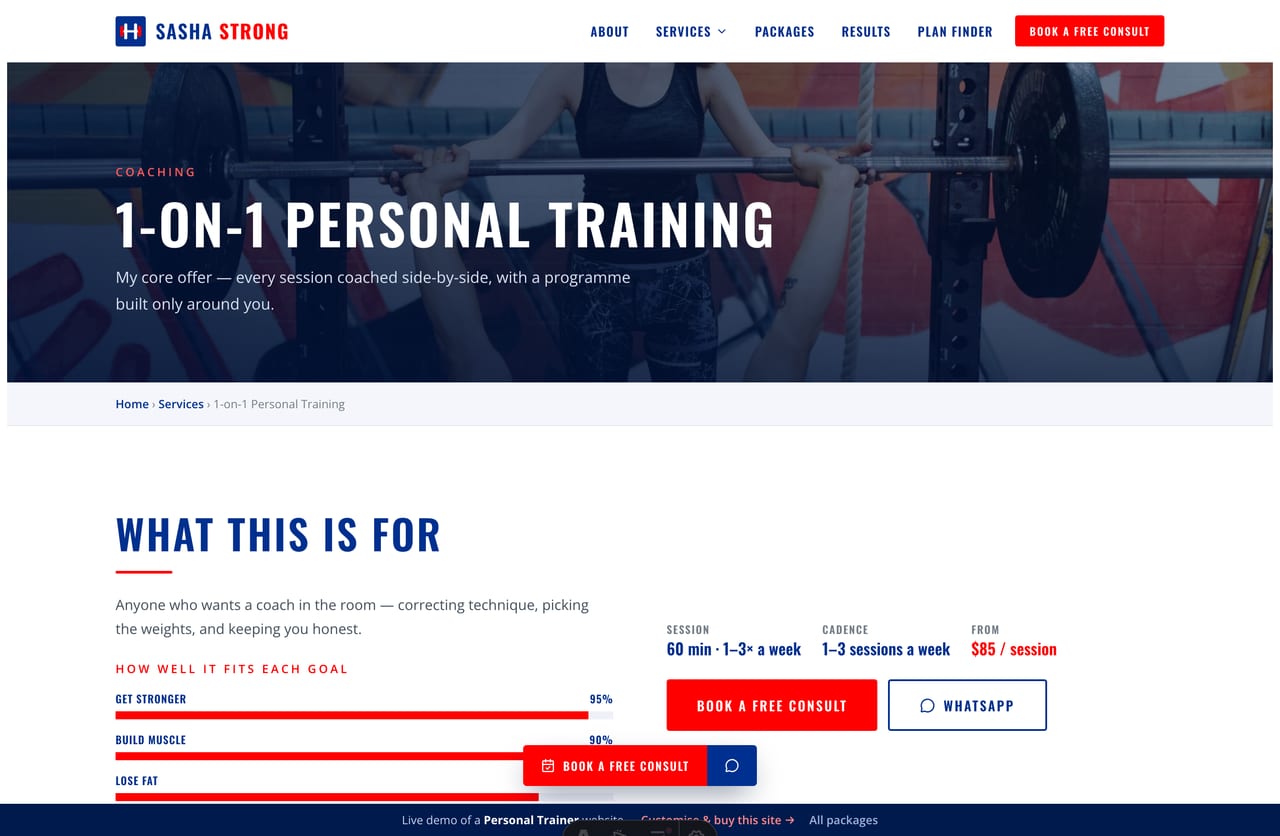A personal-training service detail page on the Sasha Strong demo — a full-bleed banner, goal-fit bars, what’s involved, what you get and a consult CTA
