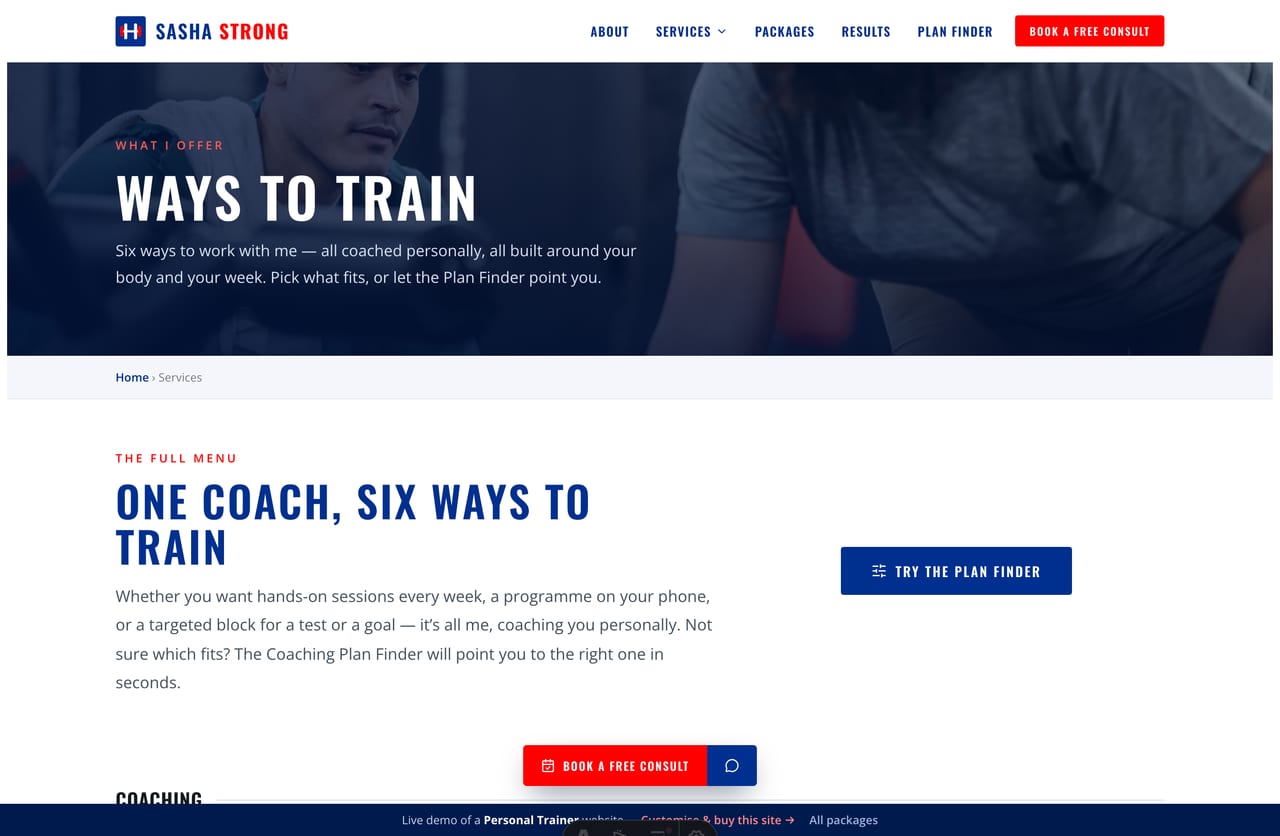 Personal-training services page on the Sasha Strong demo — 1-on-1, online, small-group, IPPT prep, nutrition and mobility coaching grouped by type