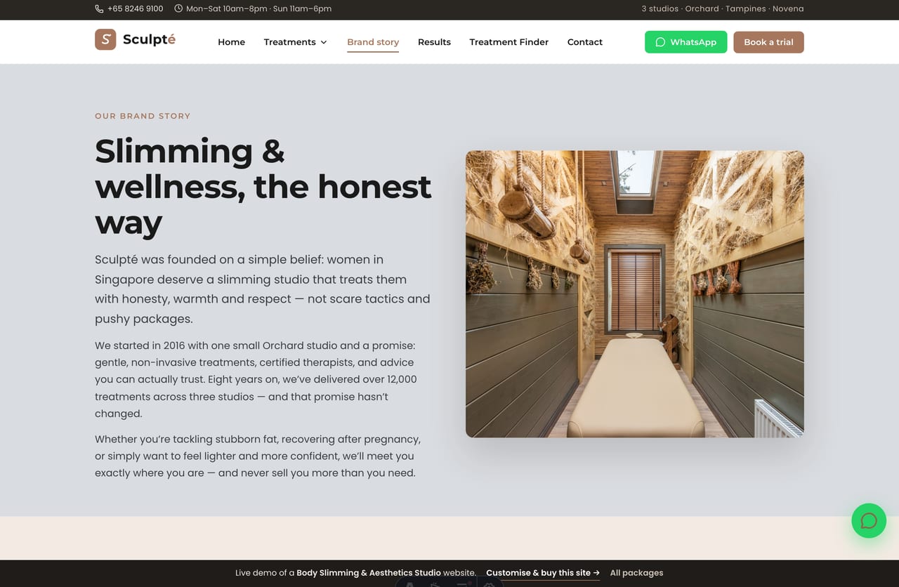 Brand story & founder page for a Singapore slimming studio — founder portrait, the studio promise and how-it-works process