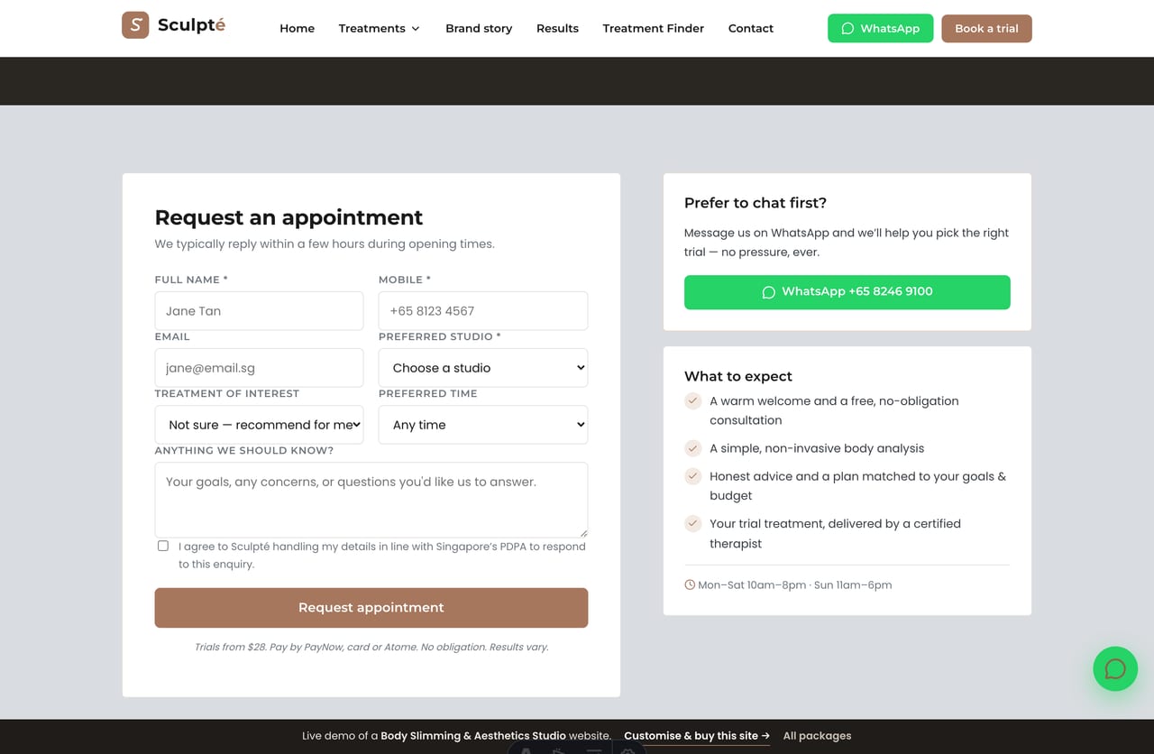 Online appointment / trial booking page on a Singapore slimming studio site — pick a treatment, studio and time, PDPA-aware