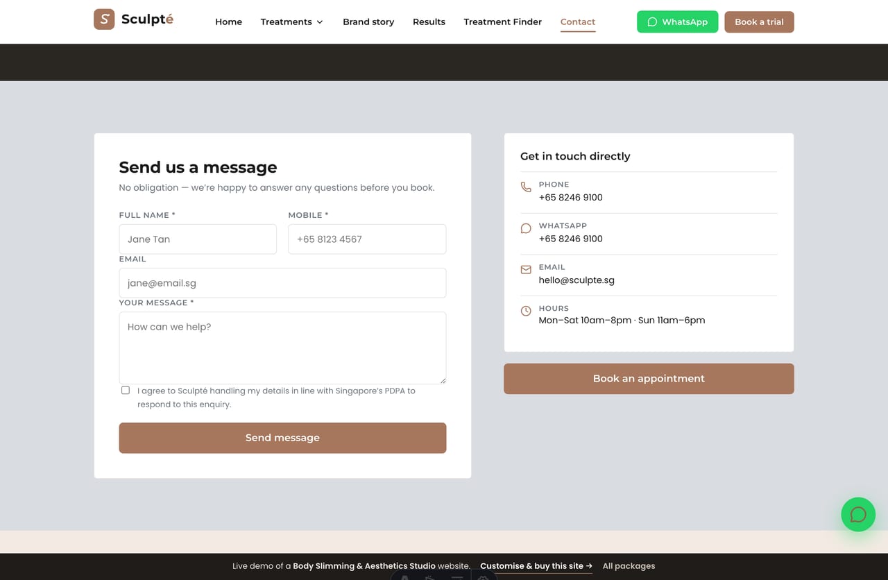 Contact & locations page on the Sculpté demo — a PDPA-aware message form, three Singapore studios and direct contact