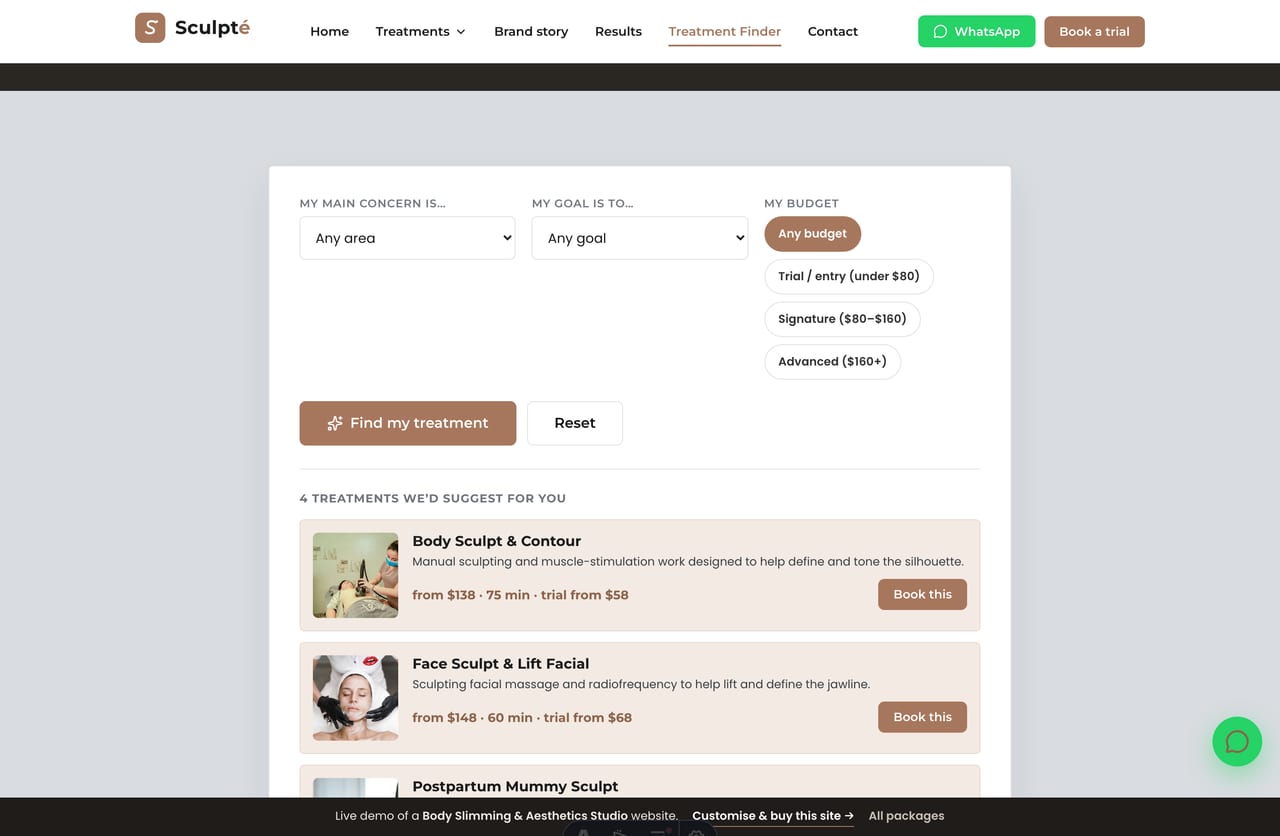 Treatment Finder results on a Singapore slimming studio site — matched treatments with from-prices and a suggested package