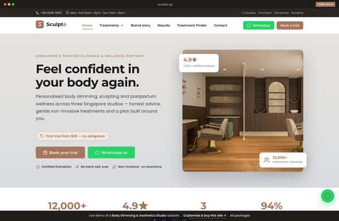 Sculpté Singapore body slimming & aesthetics studio website homepage demo — trial-offer hero, trust stats and treatment menu