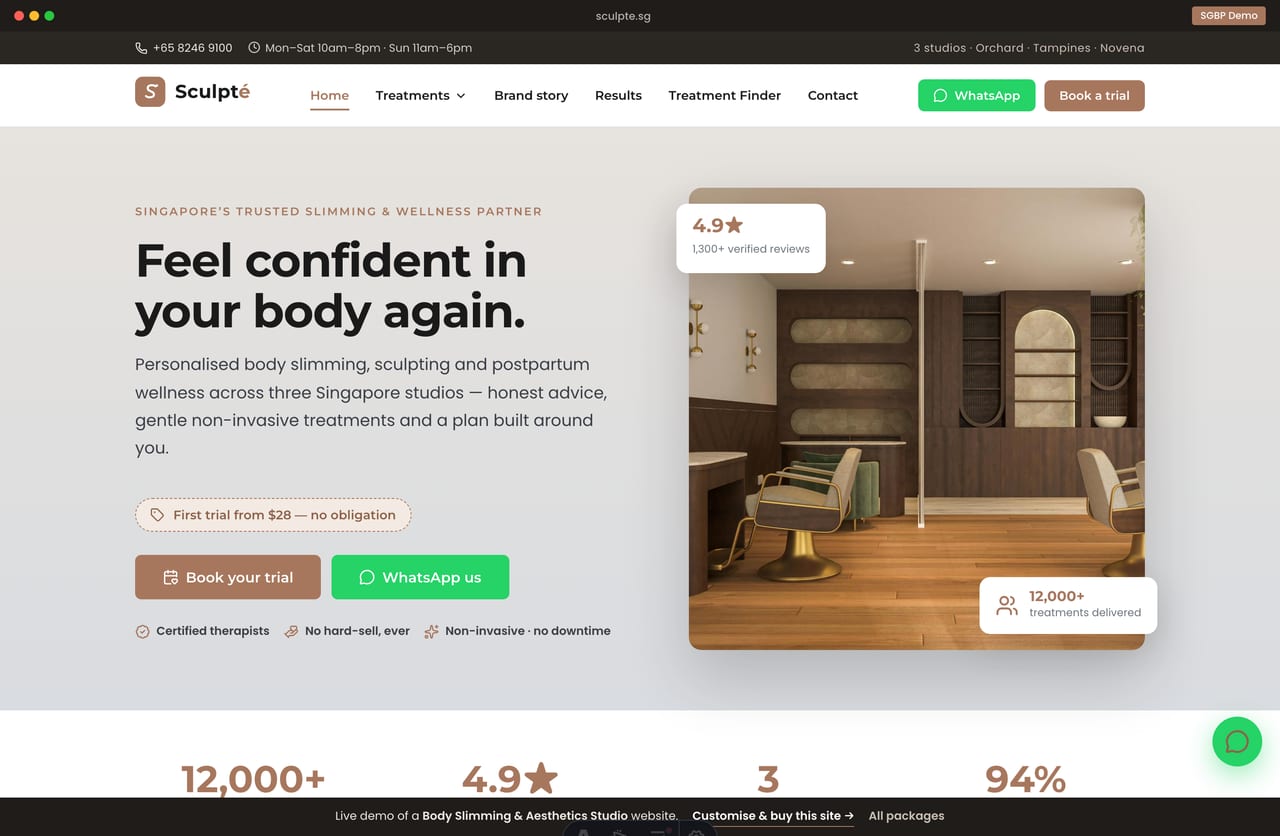 Sculpté Singapore body slimming & aesthetics studio website homepage demo — trial-offer hero, trust stats and treatment menu