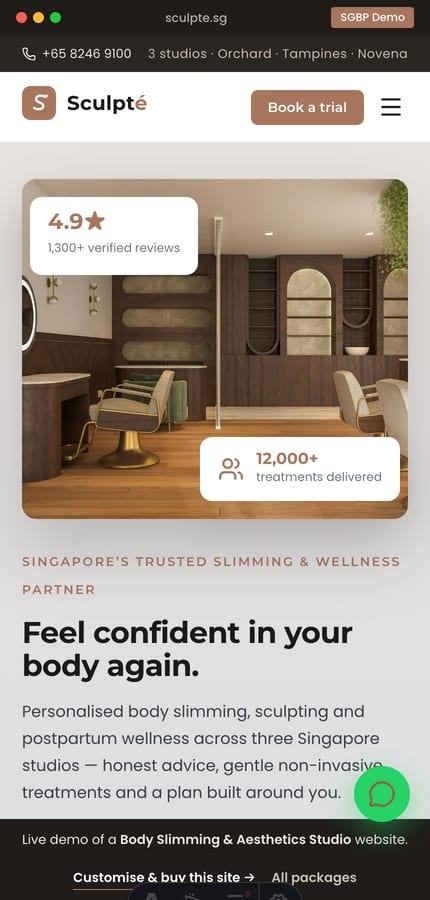 The Sculpté slimming studio website on mobile — trial-offer hero and sticky Book a trial CTA at 390px