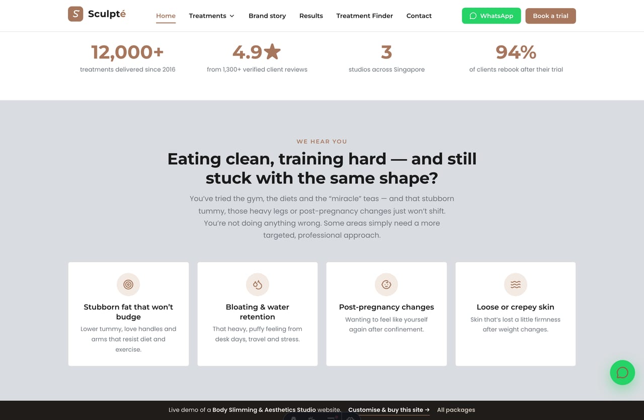 Pain-point band on the Sculpté homepage — stubborn fat, bloating, post-pregnancy changes and loose skin concerns