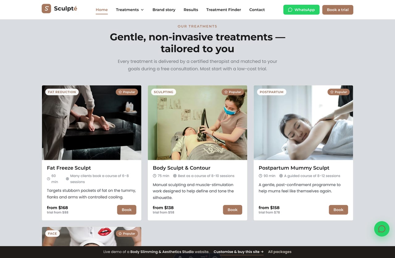Personalised-plan process on the Sculpté demo — consultation, body analysis, treatment plan and progress tracking