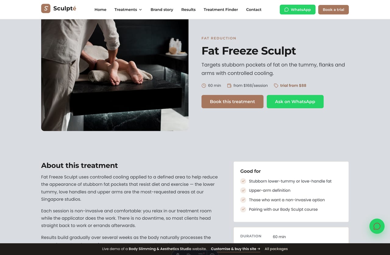 A treatment detail page on the Sculpté demo — hero image, duration, from-price, what it’s good for and a book CTA