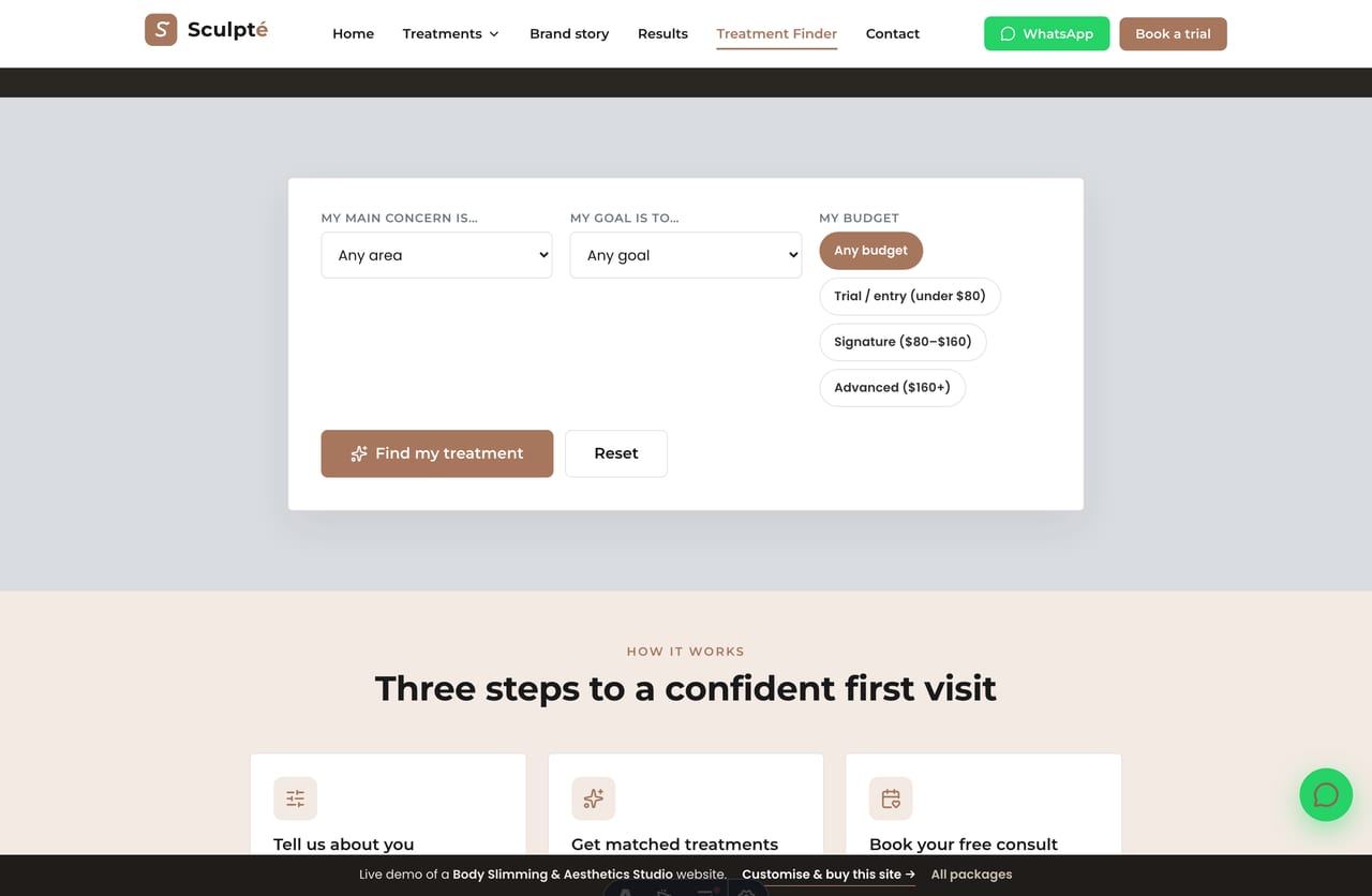 The interactive Treatment Finder tool on the Sculpté demo — pick a body concern, goal and budget for matched treatments