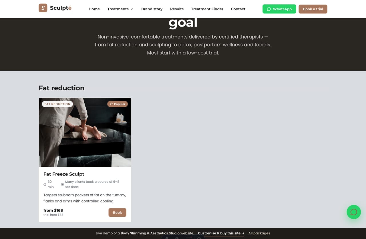 Treatments menu page on the Sculpté demo — fat freeze, body sculpt, detox, postpartum and facial treatment cards by category
