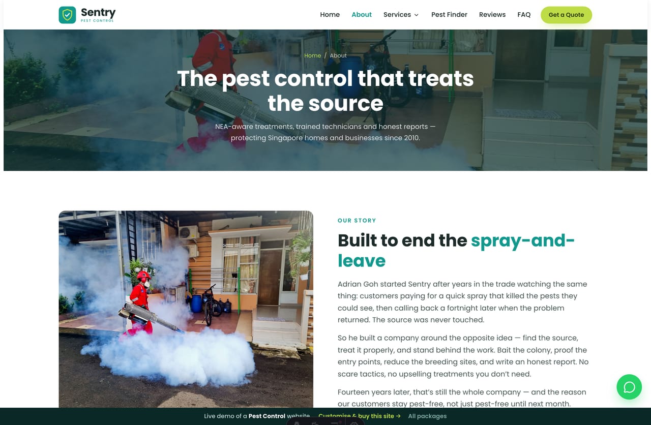 The About page for a Singapore pest-control trade — founder story, stats band, the technicians and reviews