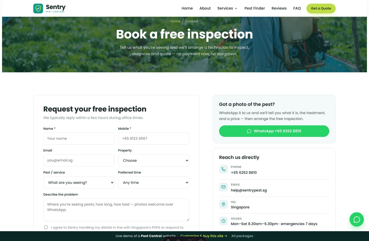 Book-a-free-inspection page on the Sentry demo — a PDPA-aware enquiry form with property type, pest and time