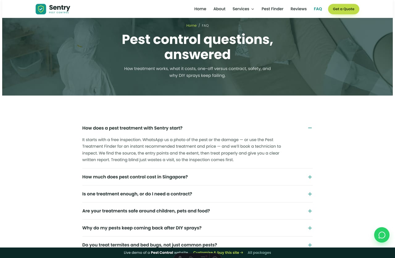 FAQ page on the Sentry demo — an accordion answering common pest-control questions