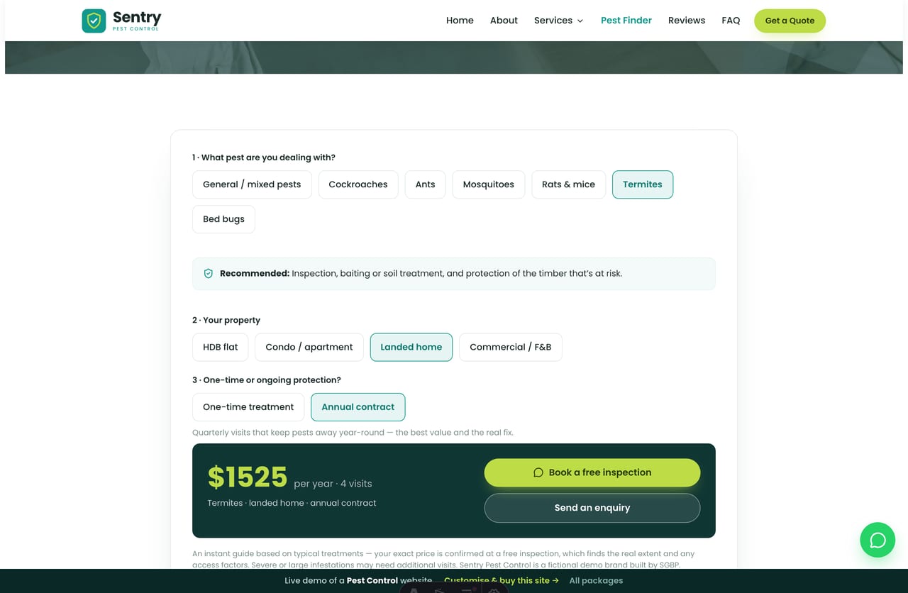 Pest Treatment Finder result on a Singapore pest-control site — a recommended treatment and a one-off or annual price, with a WhatsApp CTA