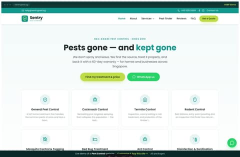 Sentry pest control Singapore website homepage demo — a teal and lime site with a centered hero and a grid of pest service cards