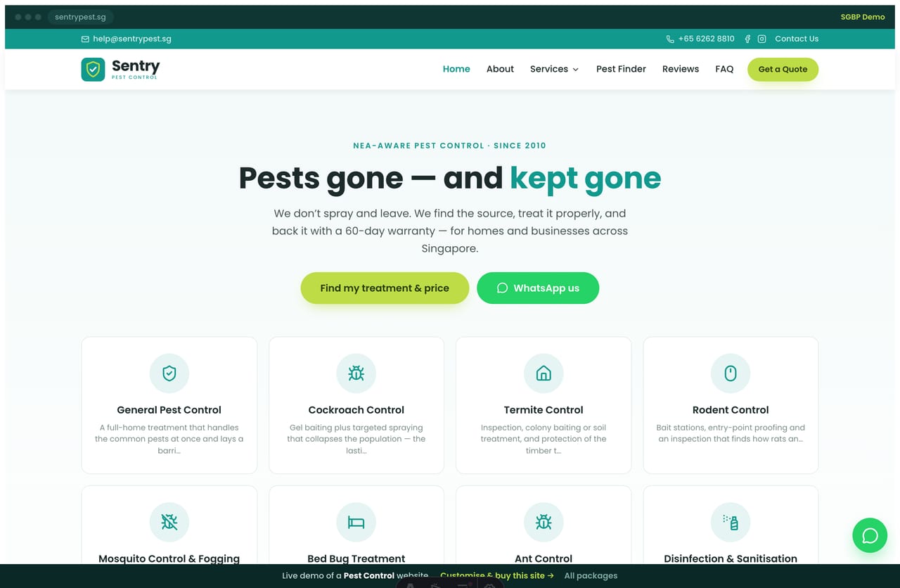 Sentry pest control Singapore website homepage demo — a teal and lime site with a centered hero and a grid of pest service cards